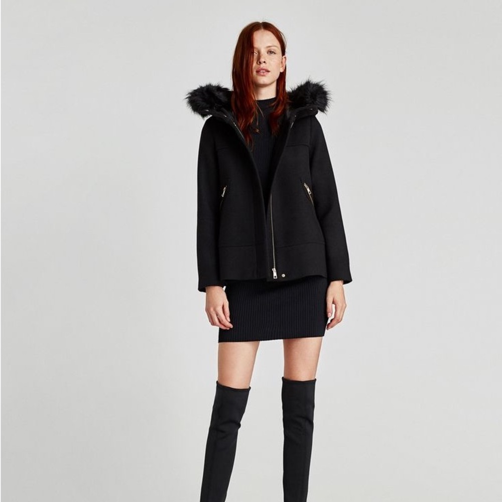 ZARA wool Black Faux Fur Hooded Outerwear "XS”